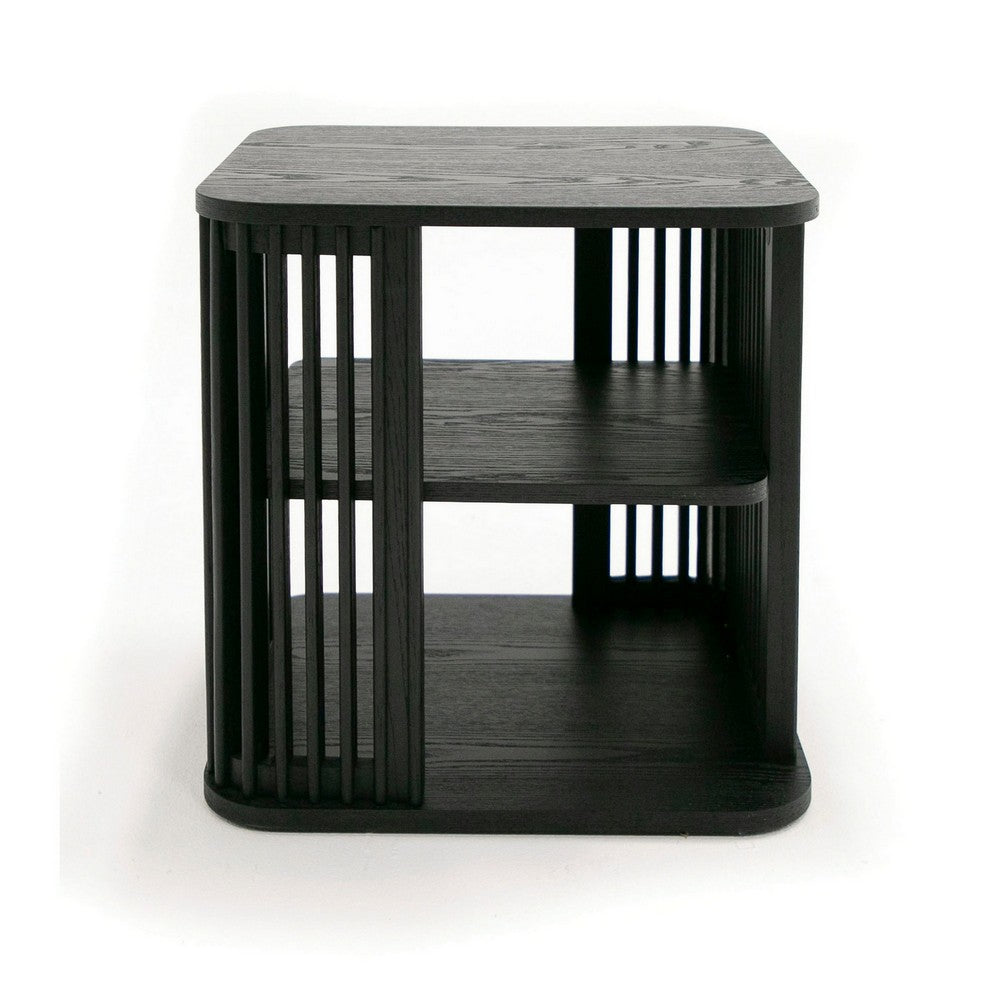 Benjara 19 Inch Side End Table, 3 Shelves, Modern Vertical Slats, Black Ash Wood