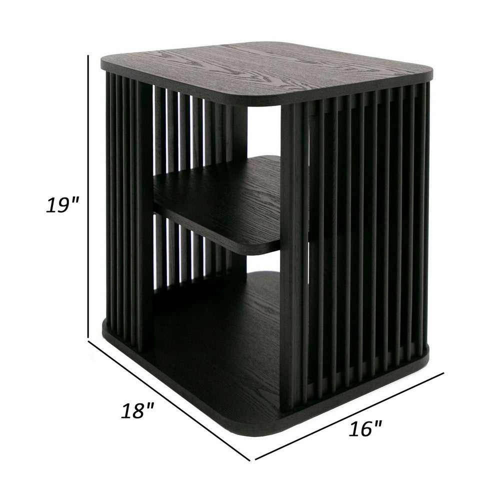 Benjara 19 Inch Side End Table, 3 Shelves, Modern Vertical Slats, Black Ash Wood