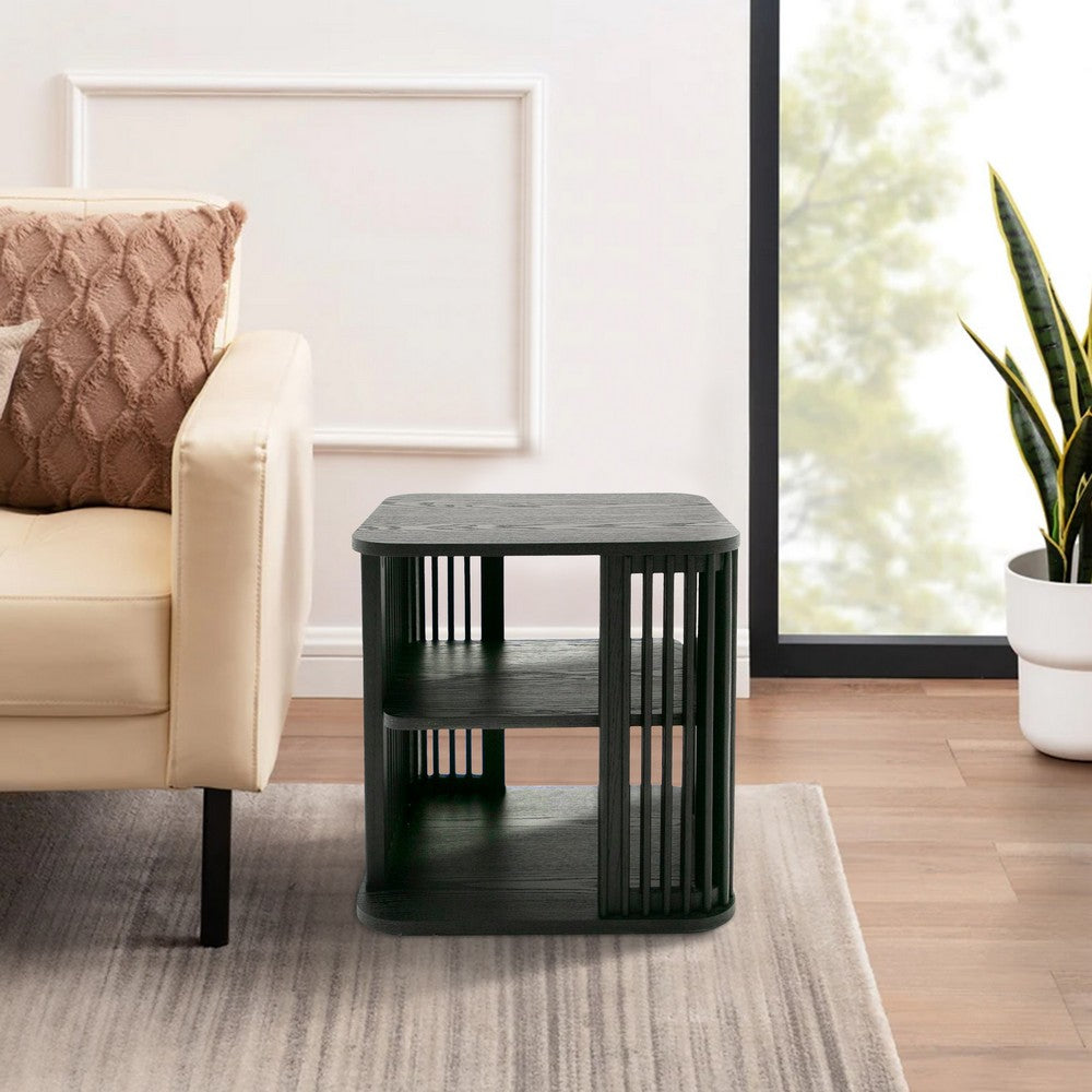 Benjara 19 Inch Side End Table, 3 Shelves, Modern Vertical Slats, Black Ash Wood