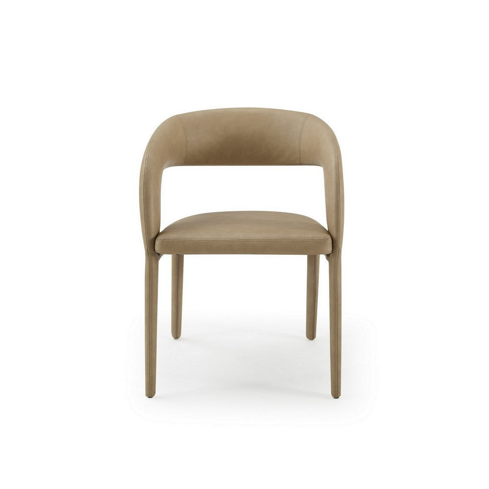 Benjara Cid Taya 24 Inch Dining Chair, Carved Back, Tapered Legs, Tan Faux Leather