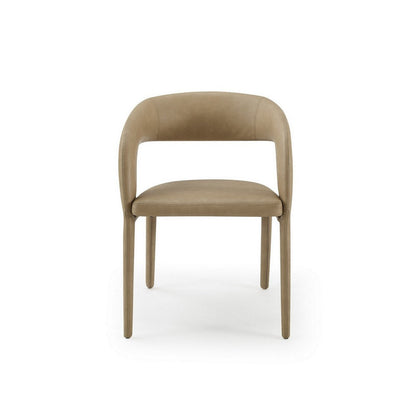 Benjara Cid Taya 24 Inch Dining Chair, Carved Back, Tapered Legs, Tan Faux Leather