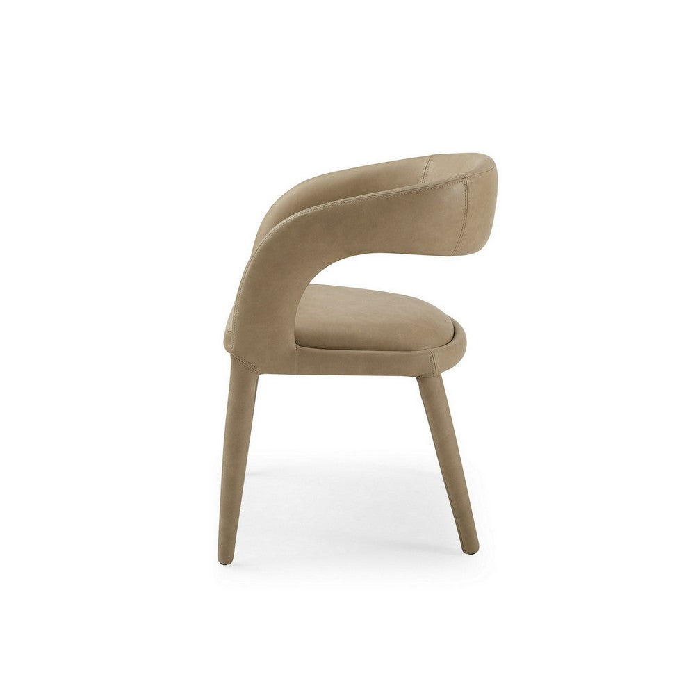 Benjara Cid Taya 24 Inch Dining Chair, Carved Back, Tapered Legs, Tan Faux Leather