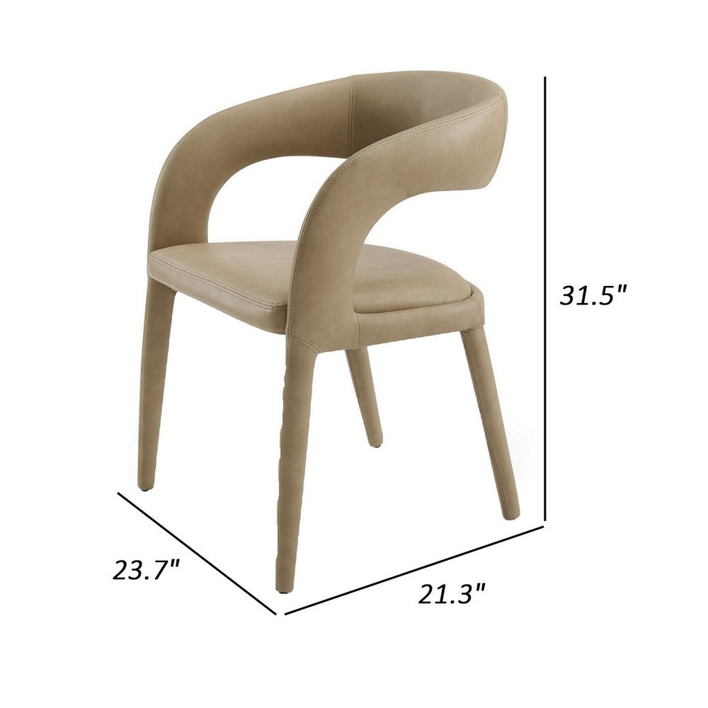 Benjara Cid Taya 24 Inch Dining Chair, Carved Back, Tapered Legs, Tan Faux Leather