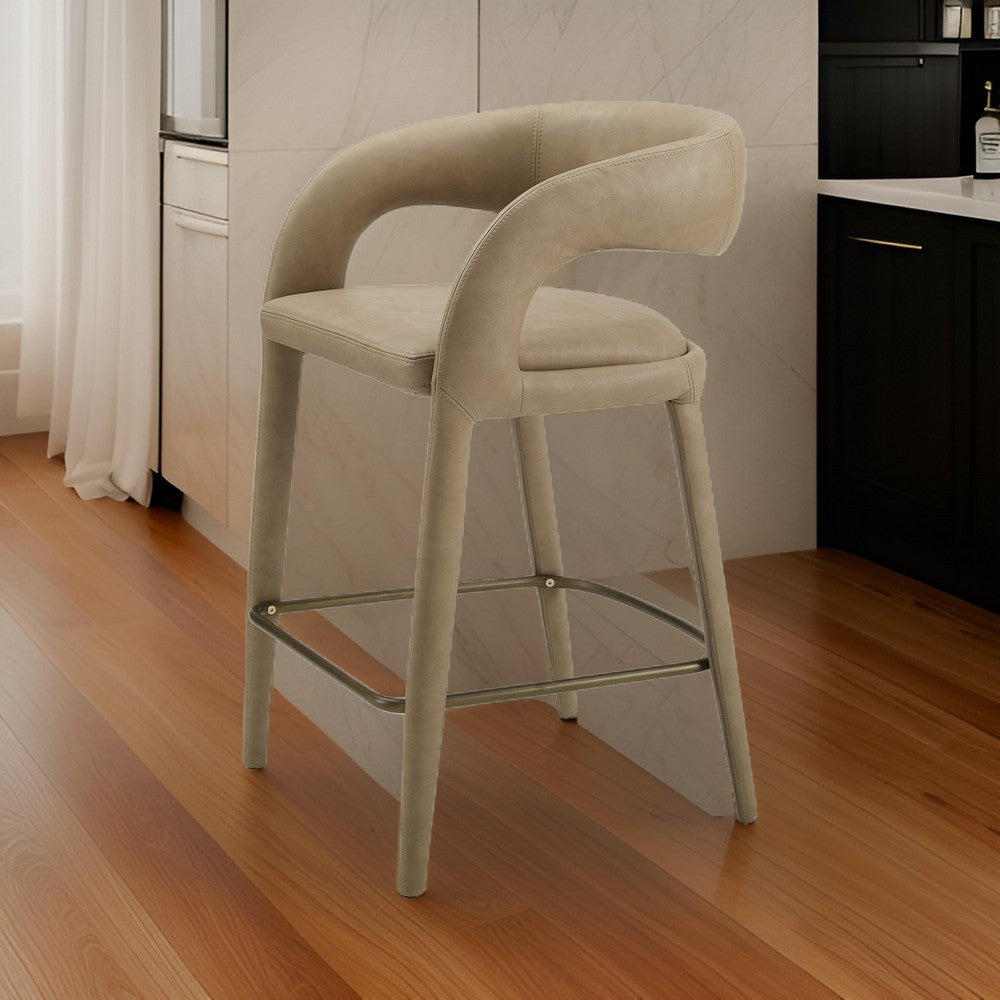 Benjara Cid Taya 26 Inch Counter Stool Chair, Tapered Legs, Tan Faux Leather