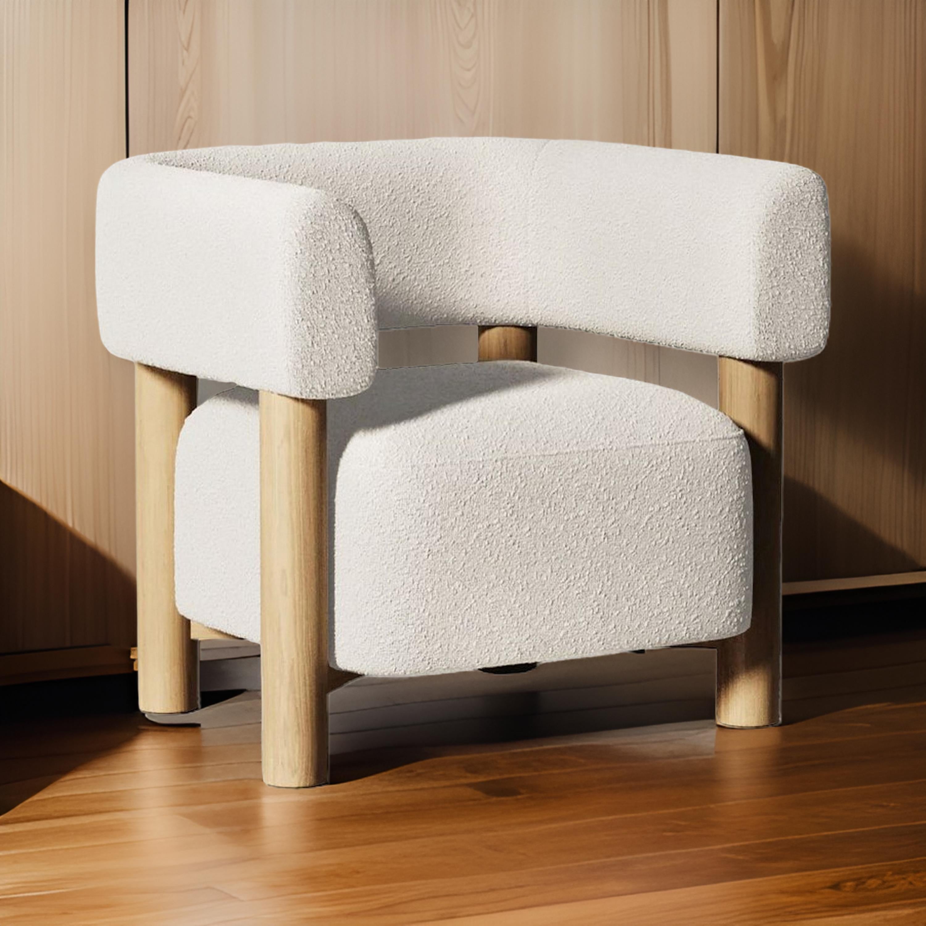 Benjara 31 Inch Accent Chair, Modern Brown Wood Frame, White Fabric Upholstery