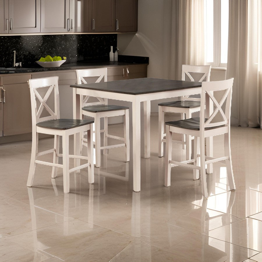 Benjara Christine 5 Piece Dining Table And Chairs Set, White And Brown Wood Frames