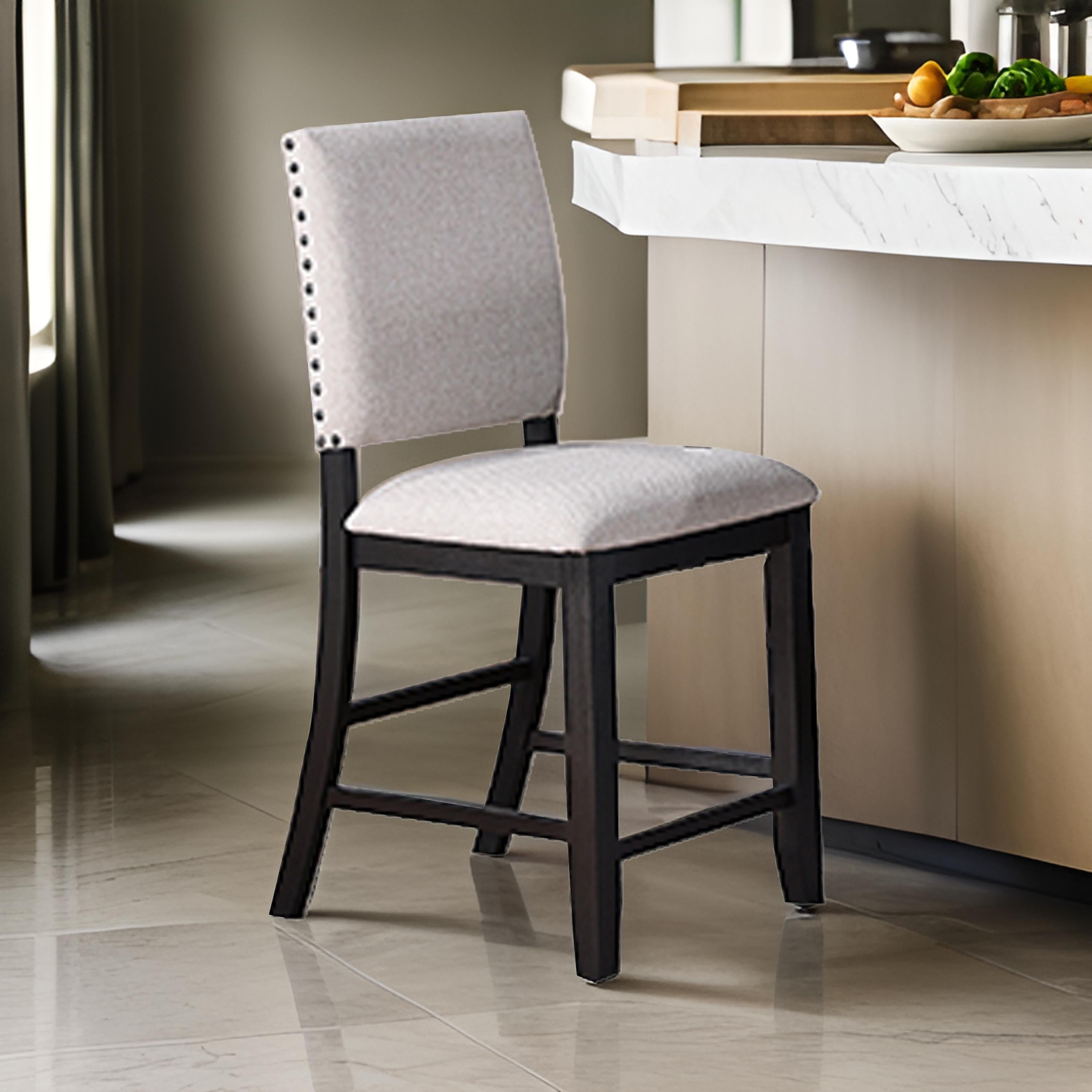 Benjara Edward 24 Inch Counter Height Chair Set of 2, Black Wood, White Fabric