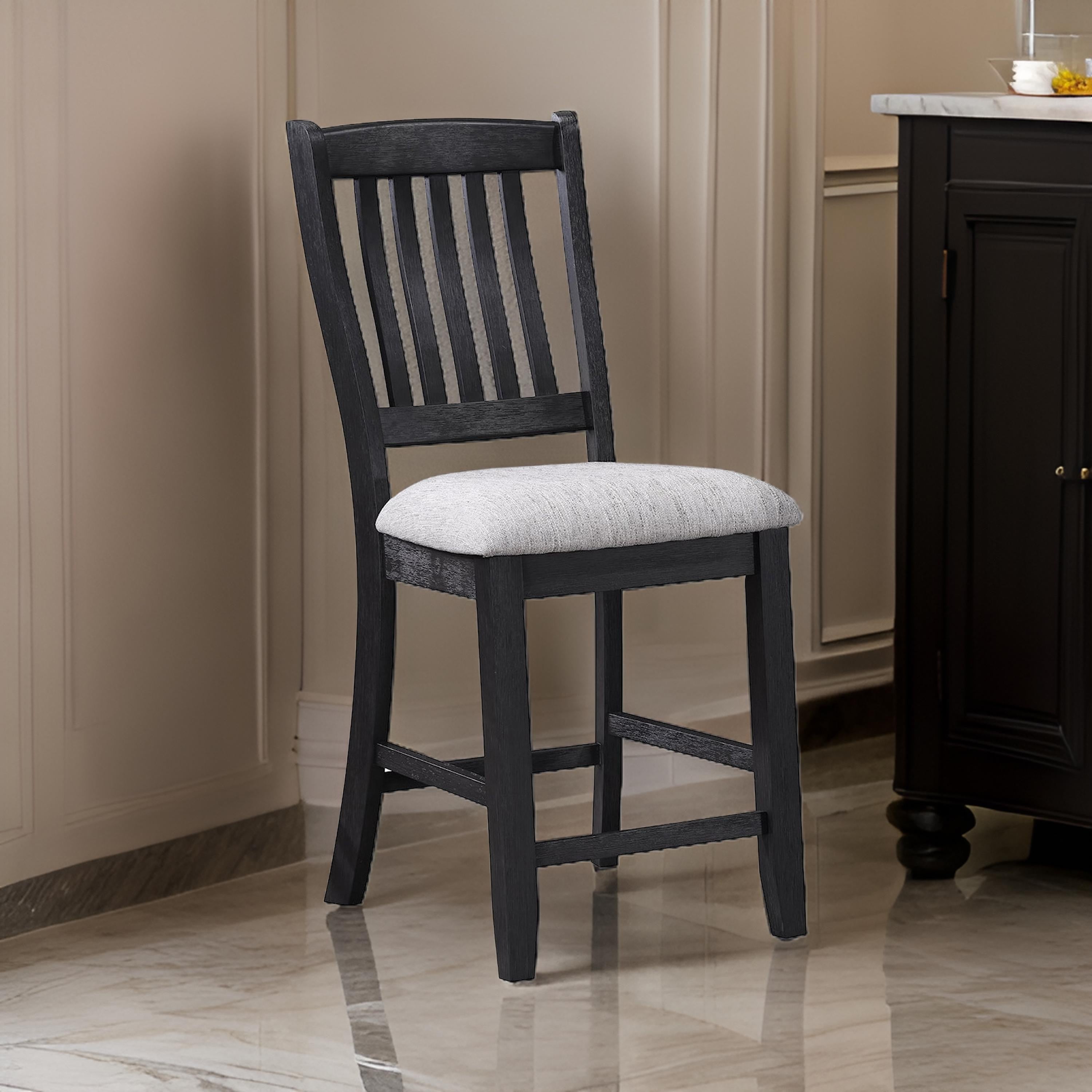 Benjara Patricia 42 Inch Counter Height Chair Set of 2, Black Wood, Light Gray