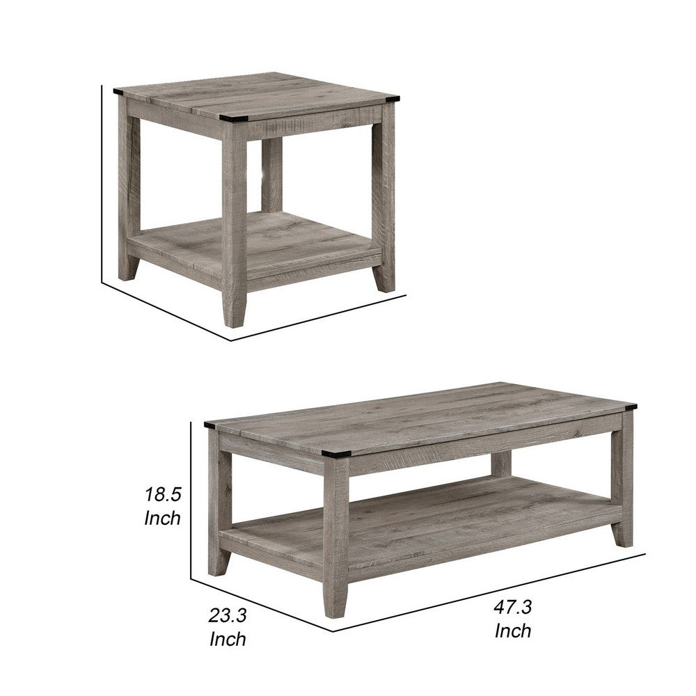 Benjara Hilton 3 Piece Coffee And End Table Set, Wood, Storage Shelf, Beige Finish