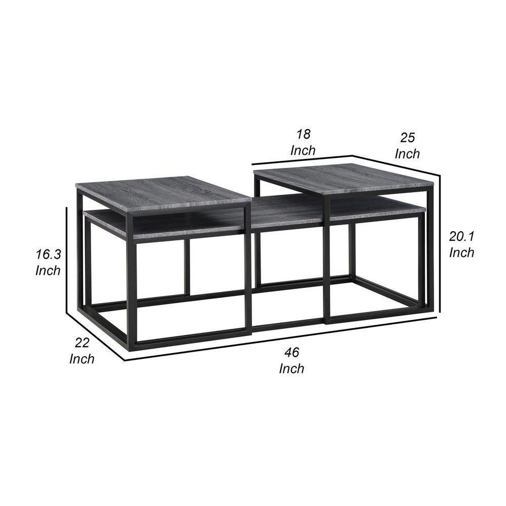 Benjara Rebecca 3pc Nesting Coffee And End Table Set, Black Metal, Gray Wood Top
