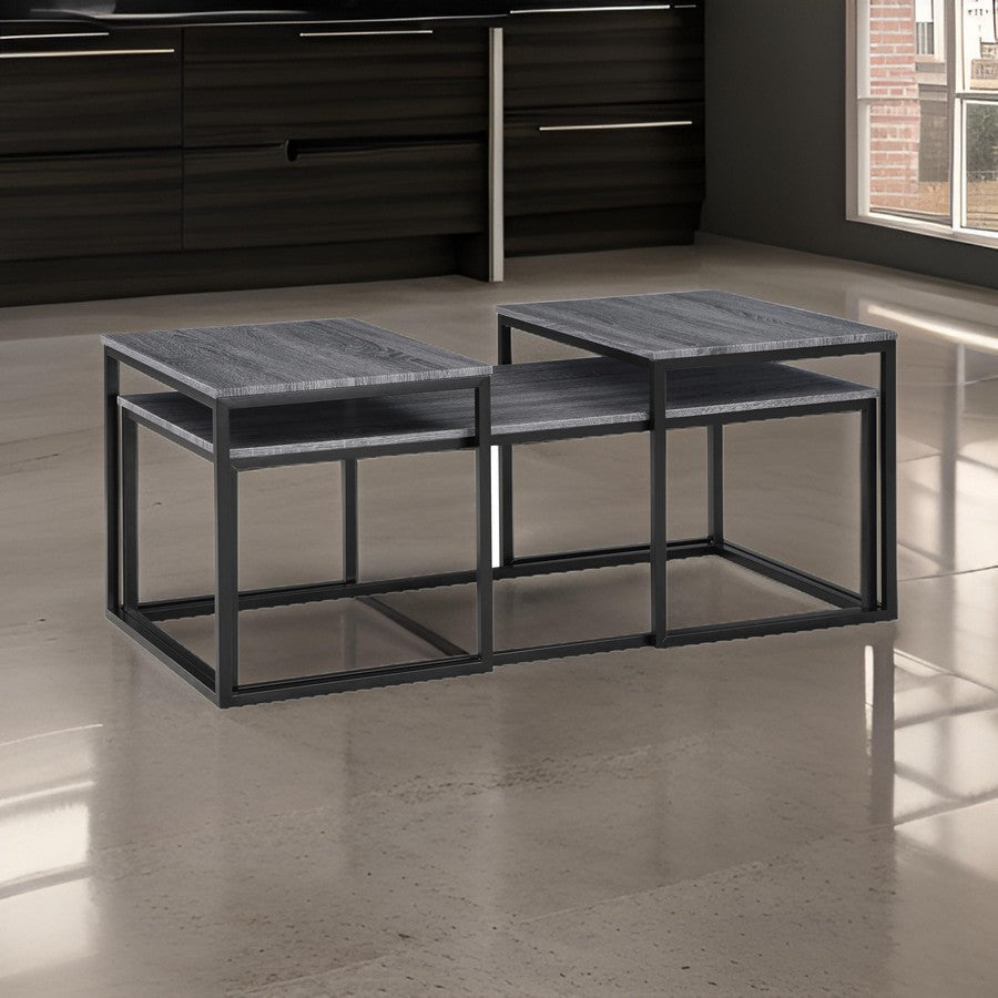 Benjara Rebecca 3pc Nesting Coffee And End Table Set, Black Metal, Gray Wood Top