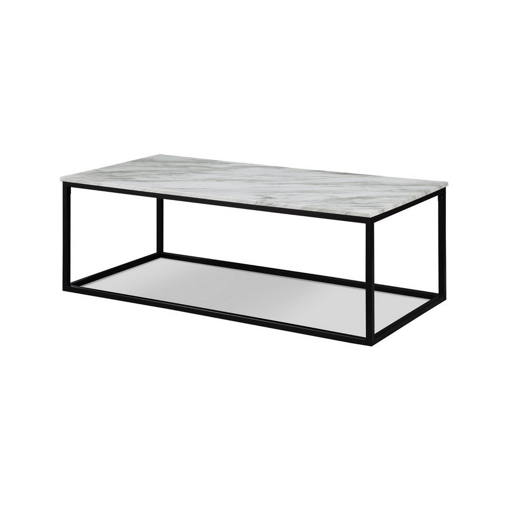 Benjara Rebecca 3pc Nesting Coffee And End Table Set, Black Metal, White Marble Top