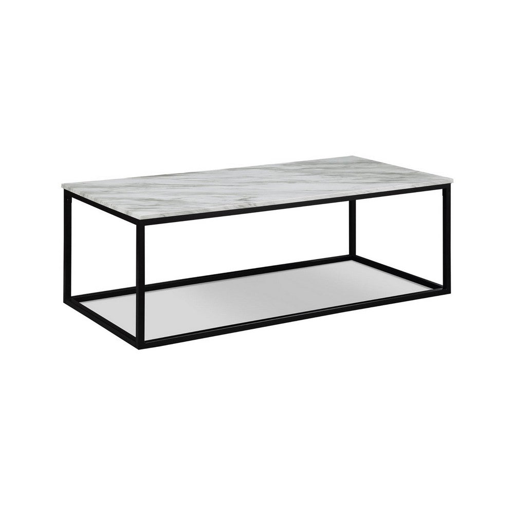 Benjara Rebecca 3pc Nesting Coffee And End Table Set, Black Metal, White Marble Top