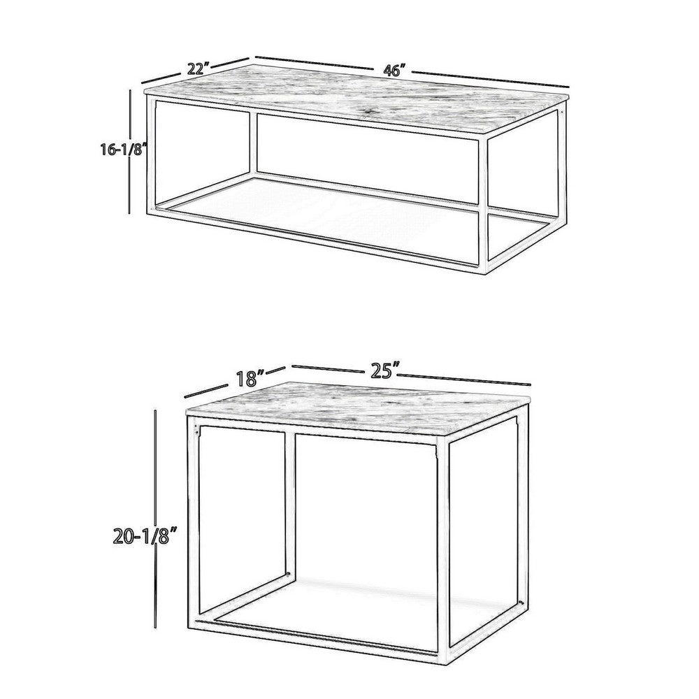 Benjara Rebecca 3pc Nesting Coffee And End Table Set, Black Metal, White Marble Top