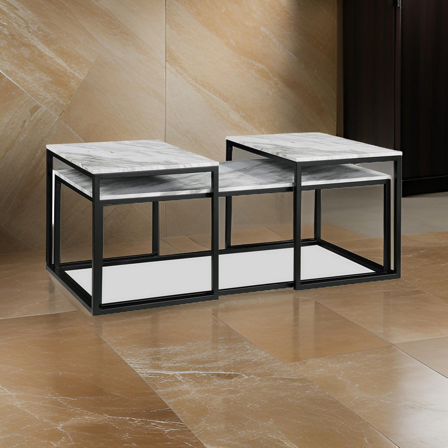 Benjara Rebecca 3pc Nesting Coffee And End Table Set, Black Metal, White Marble Top