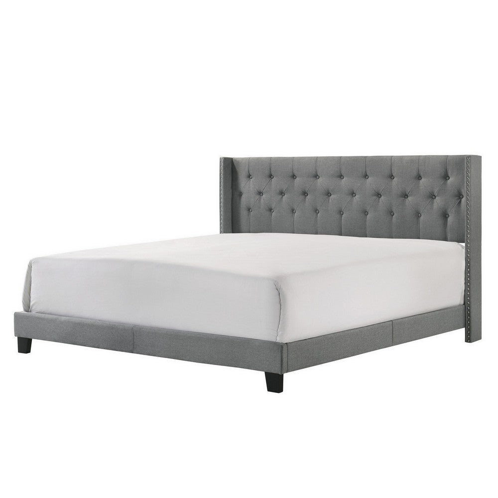 Benjara Lih California King Bed, Wingback Tufted Headboard, Wood Legs, Gray