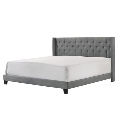 Benjara Lih California King Bed, Wingback Tufted Headboard, Wood Legs, Gray
