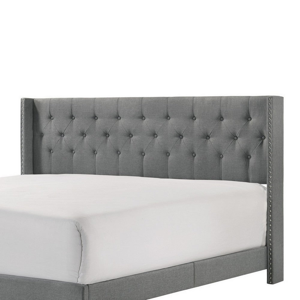 Benjara Lih California King Bed, Wingback Tufted Headboard, Wood Legs, Gray