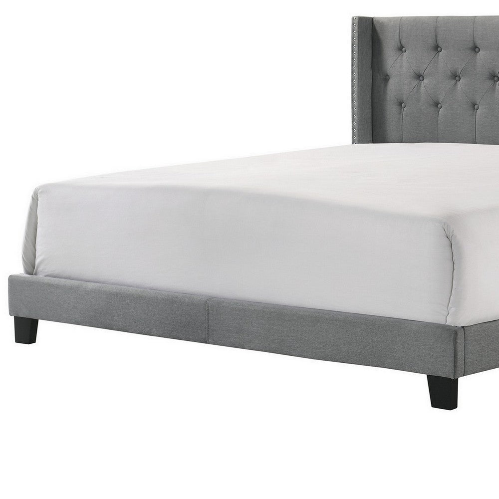 Benjara Lih California King Bed, Wingback Tufted Headboard, Wood Legs, Gray