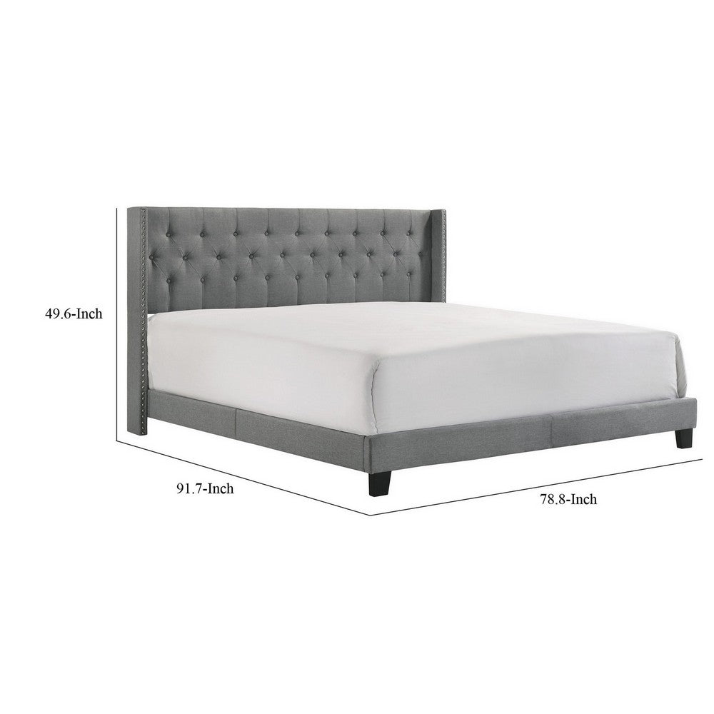 Benjara Lih California King Bed, Wingback Tufted Headboard, Wood Legs, Gray