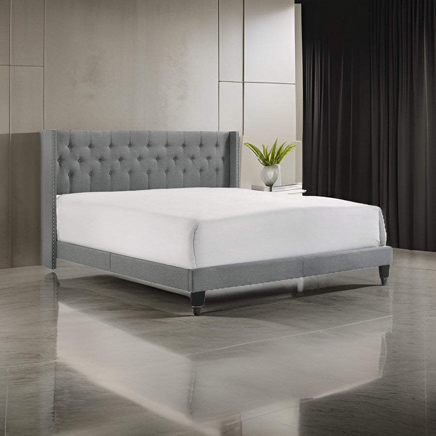 Benjara Lih California King Bed, Wingback Tufted Headboard, Wood Legs, Gray