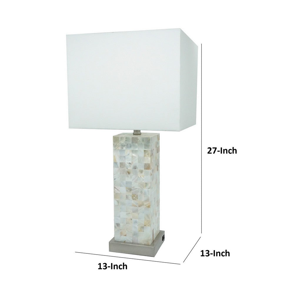 Benjara 27 Inch Table Lamp Set of 2, Square White Shade, Steel Base, Marble, White