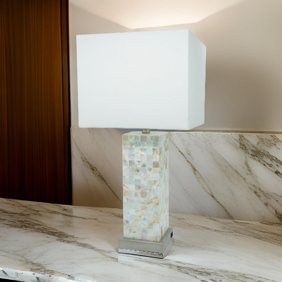 Benjara 27 Inch Table Lamp Set of 2, Square White Shade, Steel Base, Marble, White