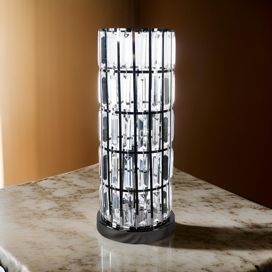 Benjara Carolyn 20 Inch Table Lamp, Glass Shade, Cylindrical Metal Base, Black