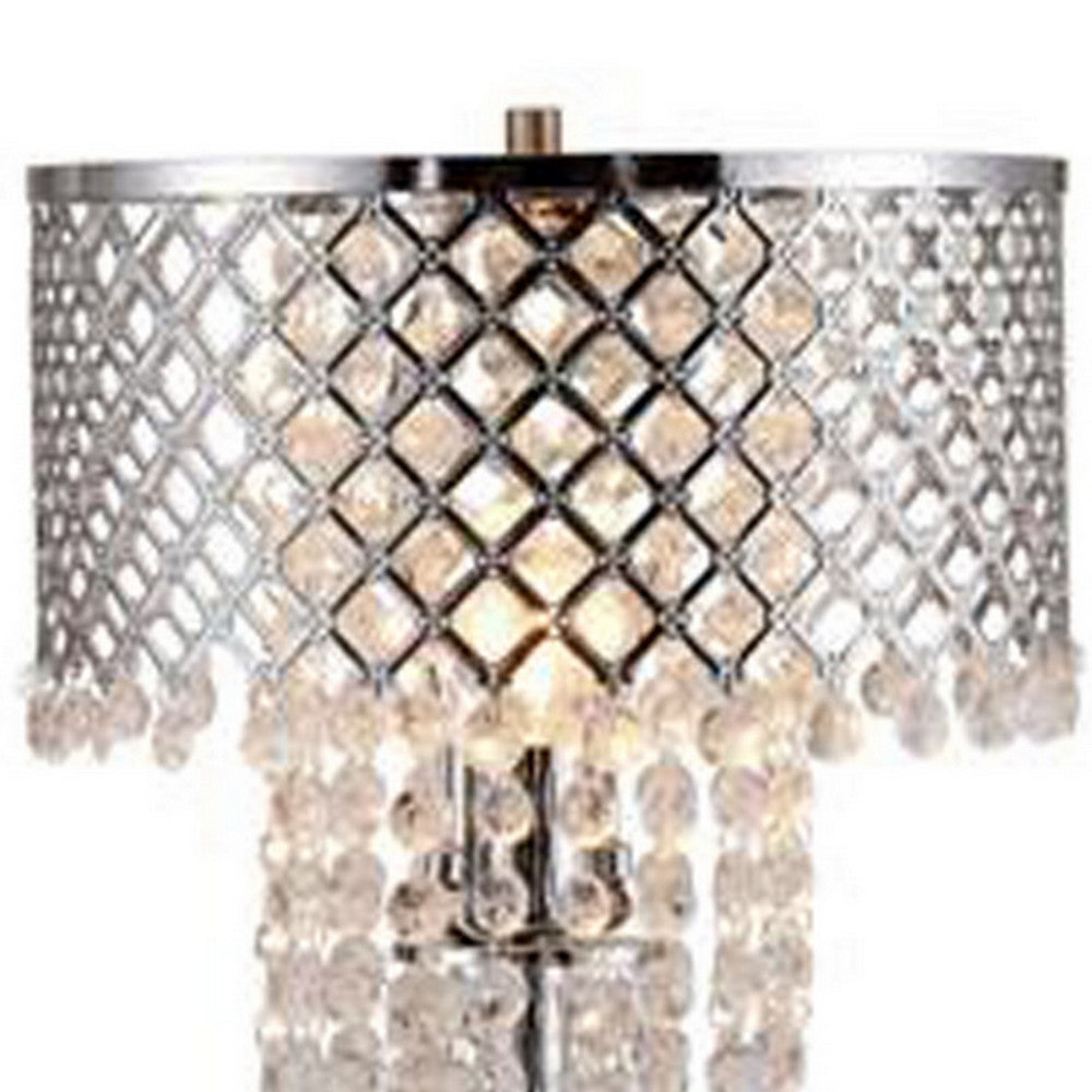 Benjara Denise 29 Inch Table Lamp, Glass, Metal Frame, Mesh Shade, Crystals, Gold