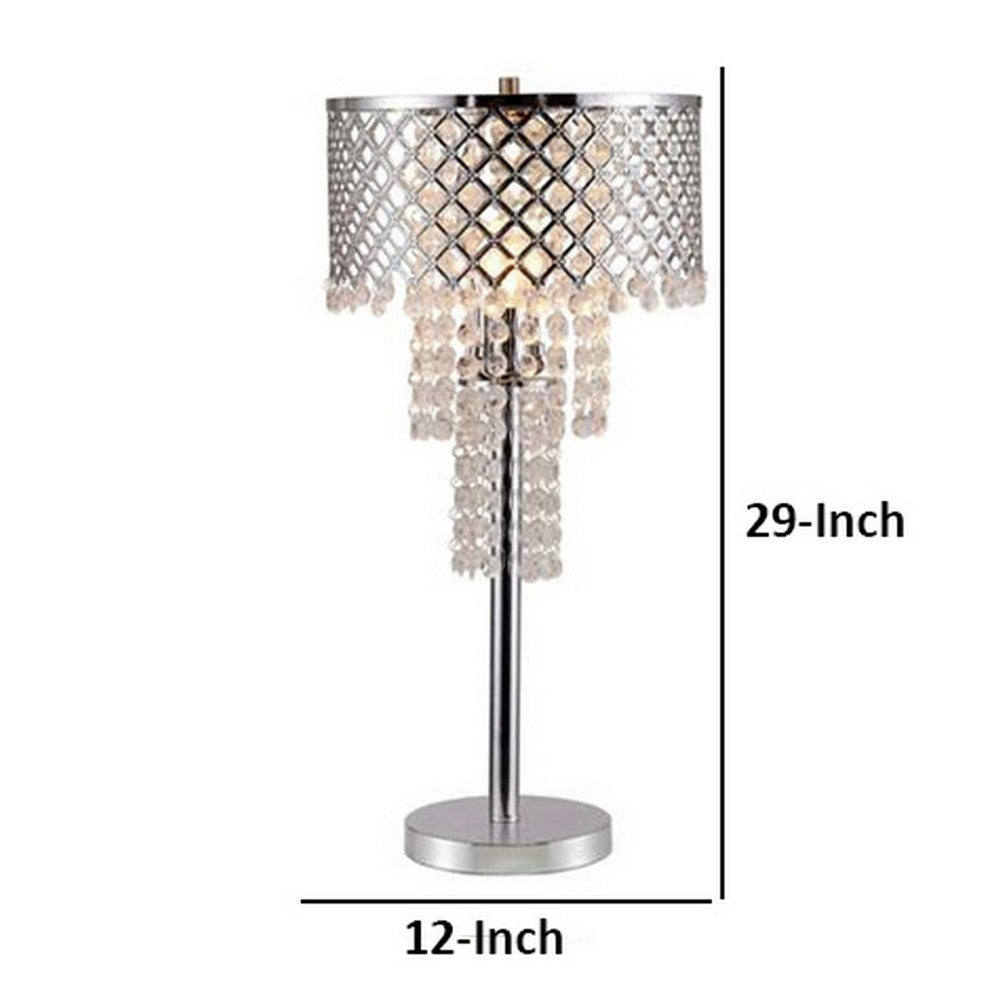 Benjara Denise 29 Inch Table Lamp, Glass, Metal Frame, Mesh Shade, Crystals, Gold