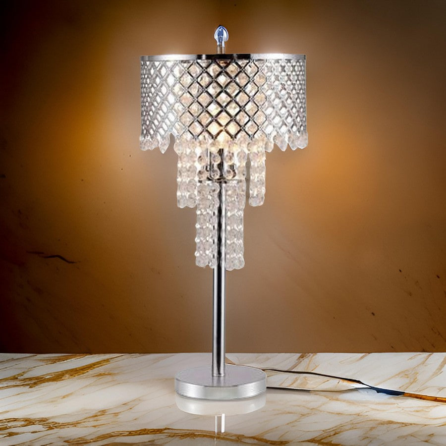 Benjara Denise 29 Inch Table Lamp, Glass, Metal Frame, Mesh Shade, Crystals, Gold