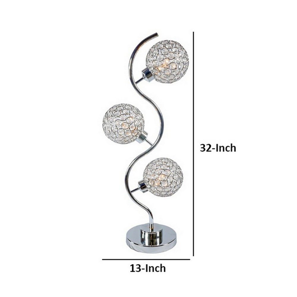 Benjara Denise 32 Inch Table Lamp, Metal Frame, Round Base Glass, Crystals, Silver