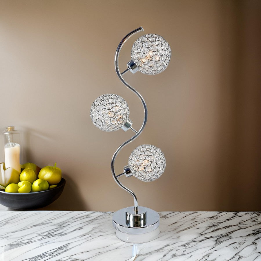 Benjara Denise 32 Inch Table Lamp, Metal Frame, Round Base Glass, Crystals, Silver
