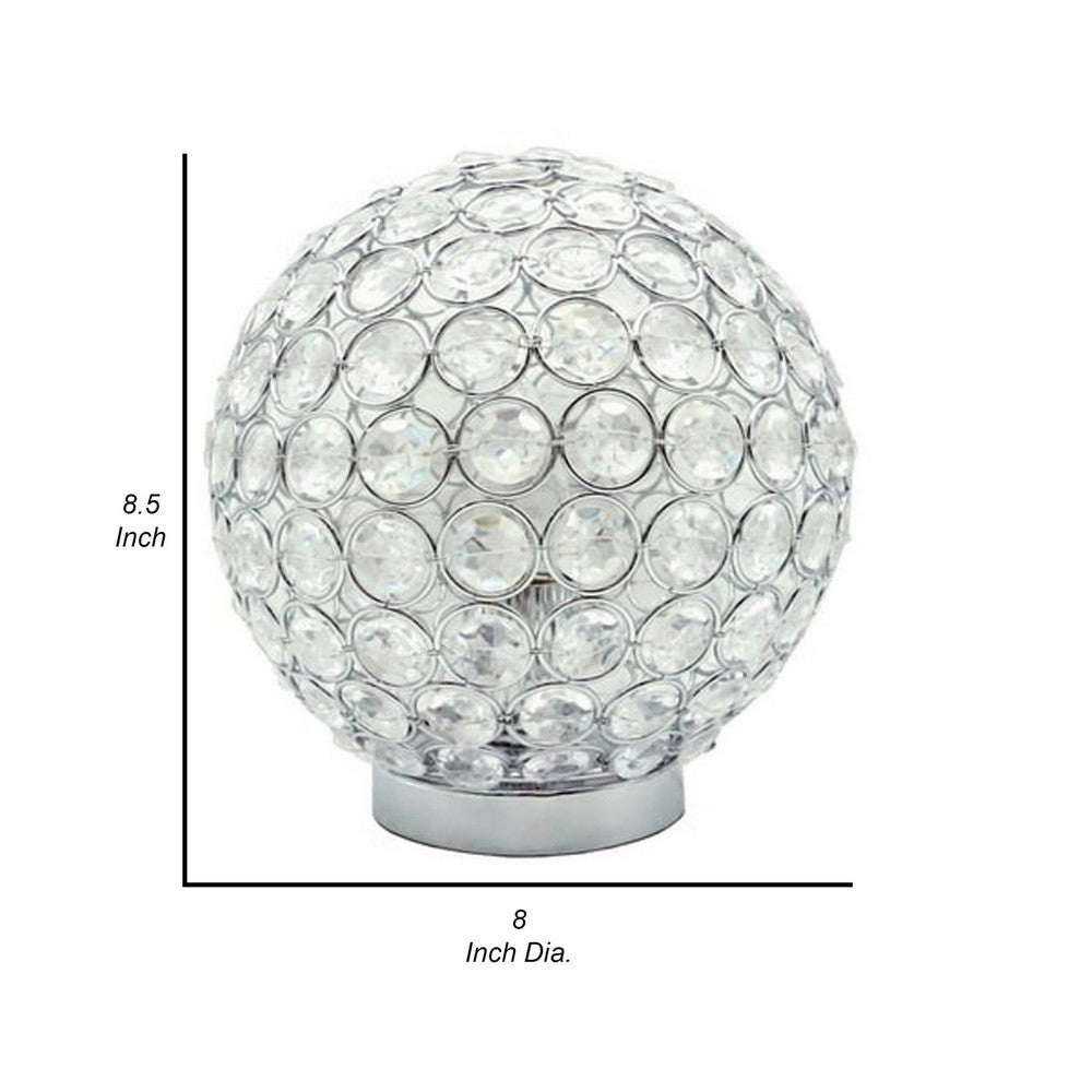 Benjara Denise 9 Inch Table Lamp, Round Metal Base, Crystal Ball Shade, Silver