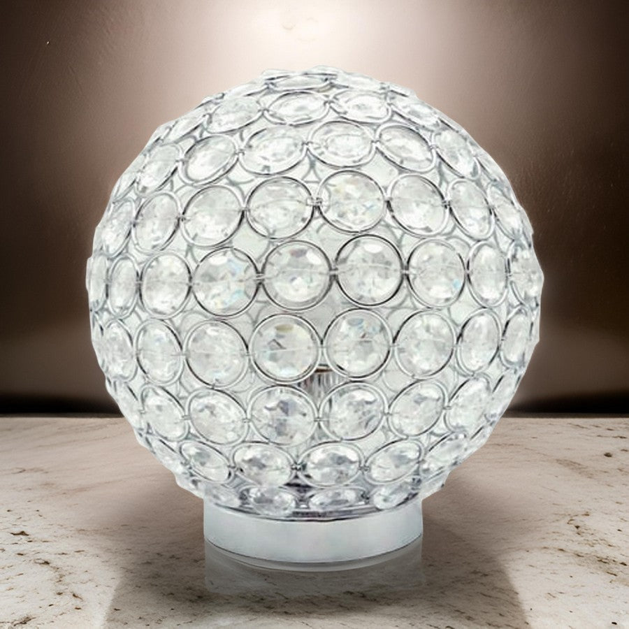 Benjara Denise 9 Inch Table Lamp, Round Metal Base, Crystal Ball Shade, Silver