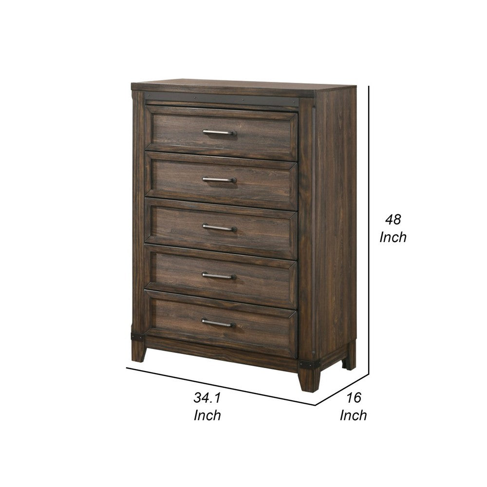 Benjara Sea 48 Inch Tall Dresser Chest, 5 Drawers, Long Metal Handles, Brown