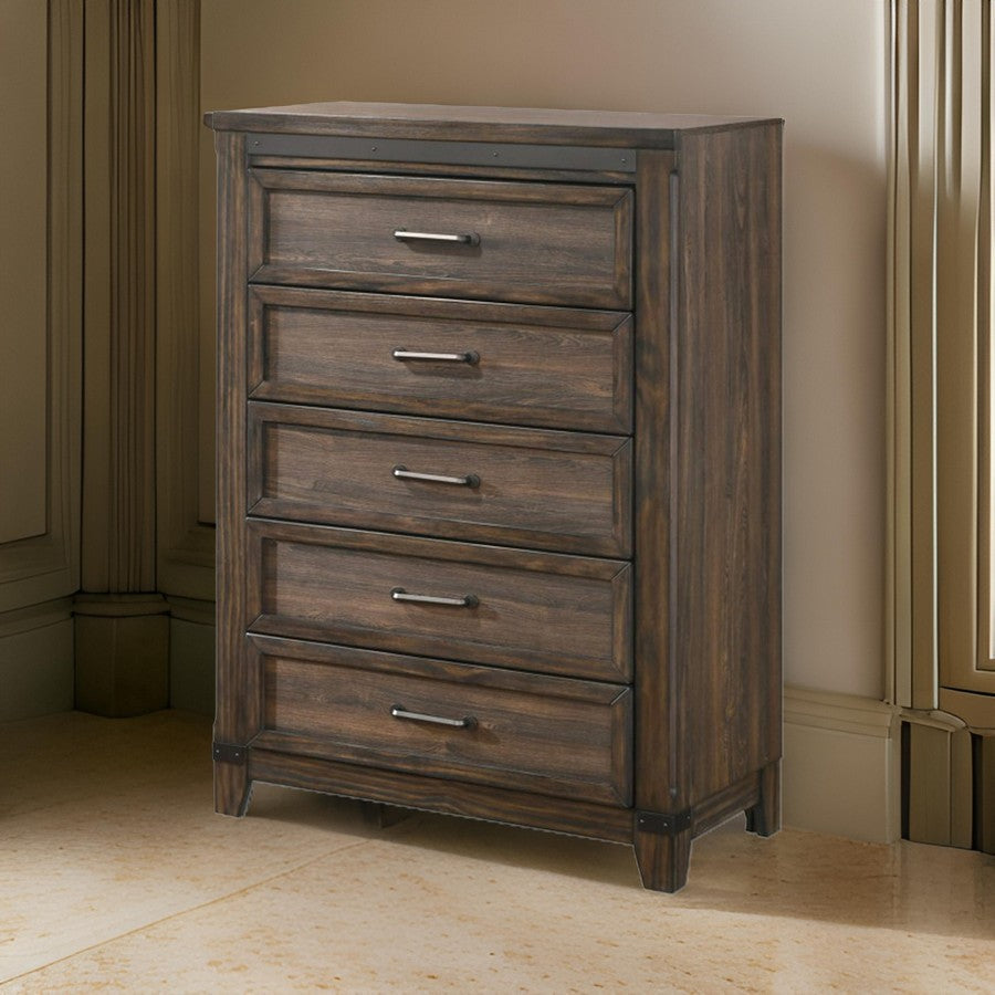 Benjara Sea 48 Inch Tall Dresser Chest, 5 Drawers, Long Metal Handles, Brown