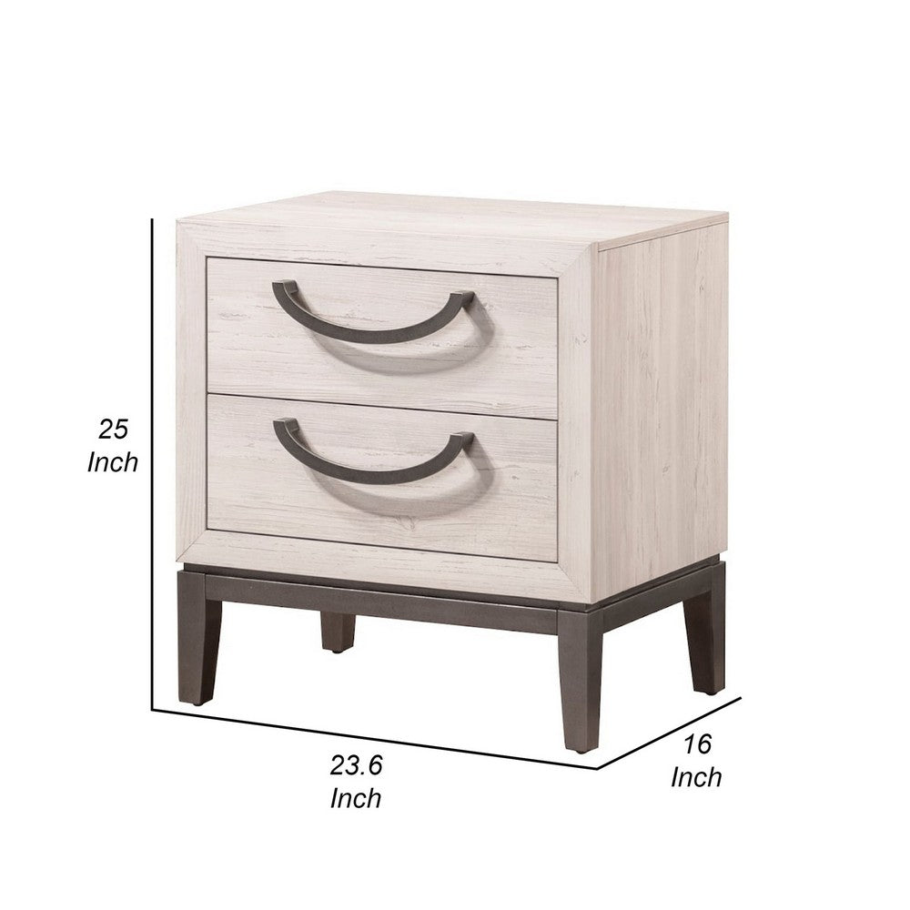 Benjara Vice 25 Inch Nightstand, Wood Frame, 2 Drawers, Metal Handles, Beige, Brown
