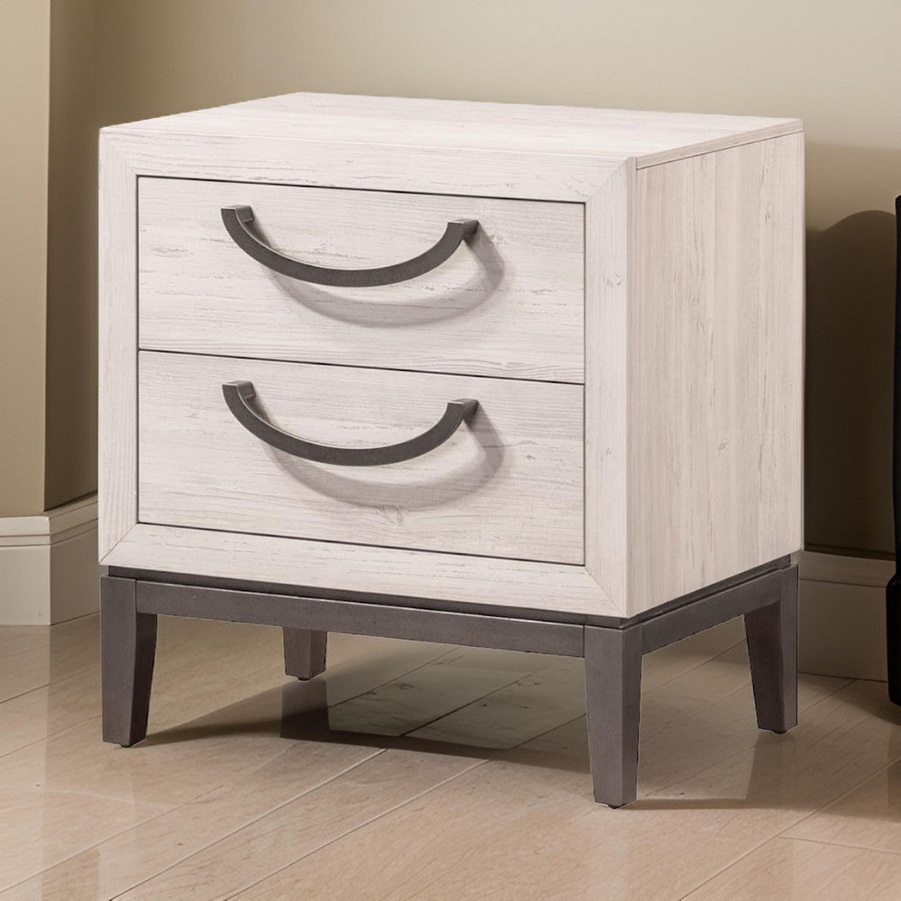 Benjara Vice 25 Inch Nightstand, Wood Frame, 2 Drawers, Metal Handles, Beige, Brown