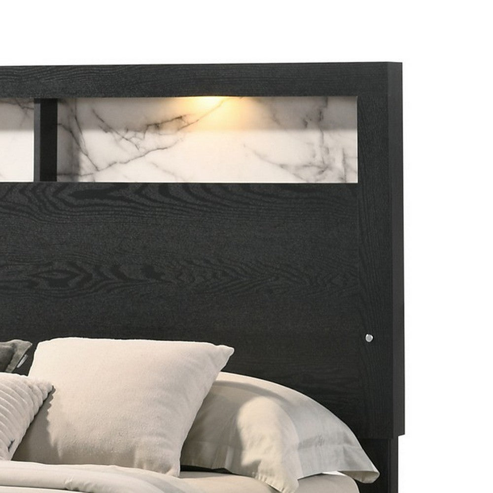 Benjara Yoh King Size Bed, Wood, Headboard with Lights And Shelves, Black