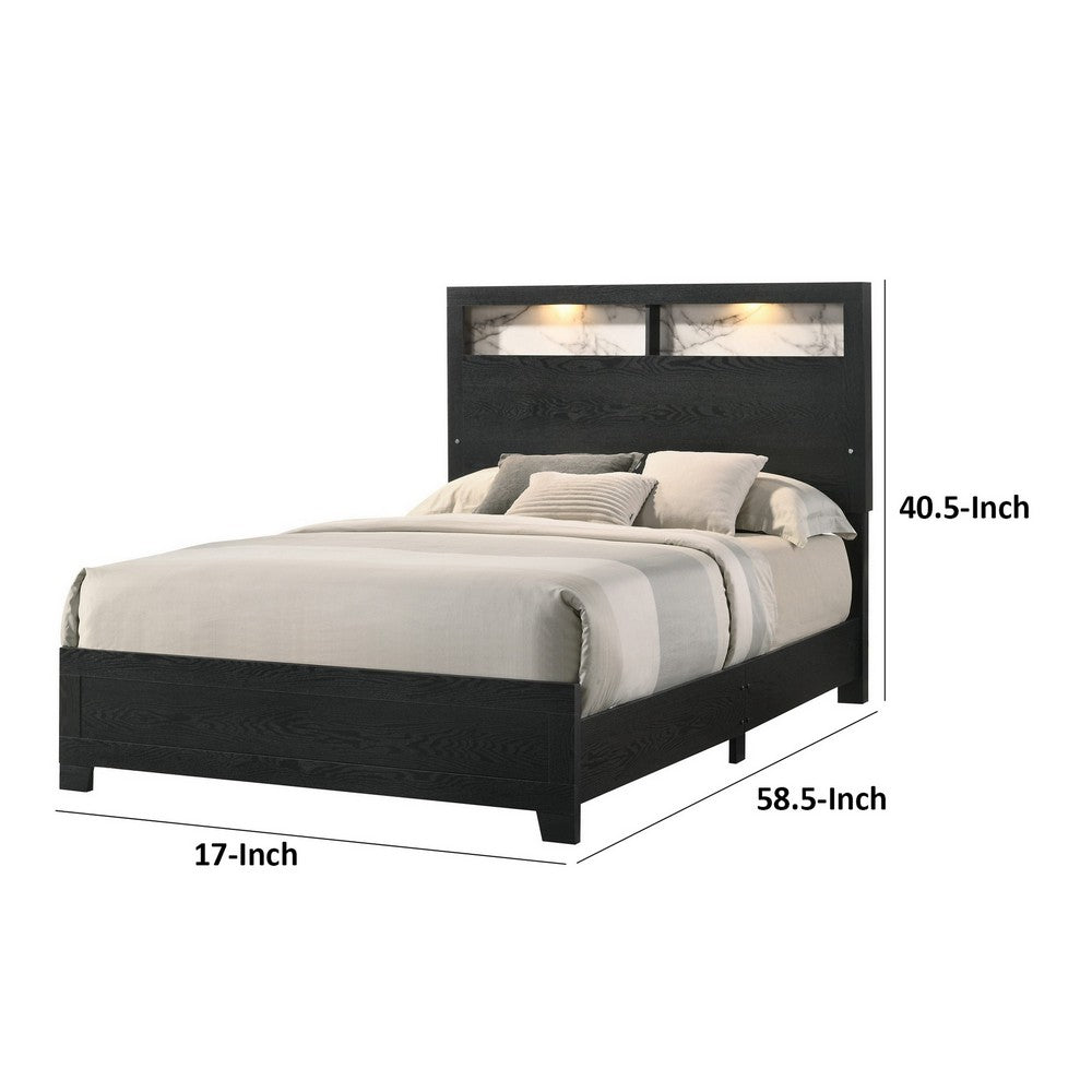 Benjara Yoh King Size Bed, Wood, Headboard with Lights And Shelves, Black