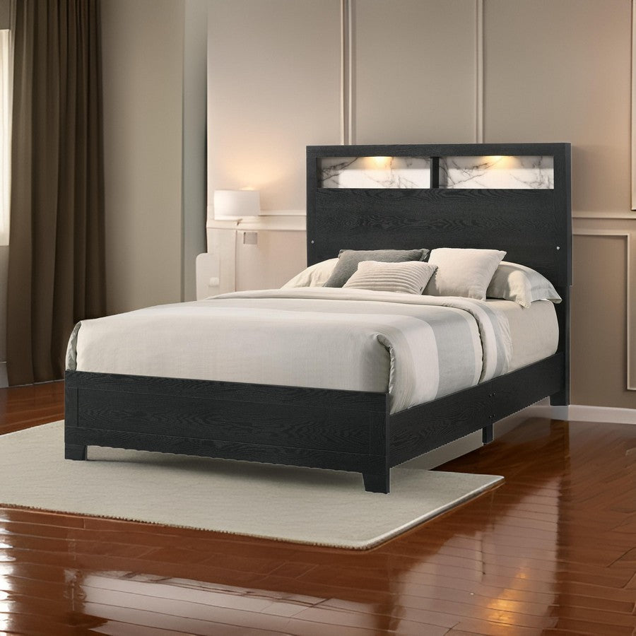 Benjara Yoh King Size Bed, Wood, Headboard with Lights And Shelves, Black
