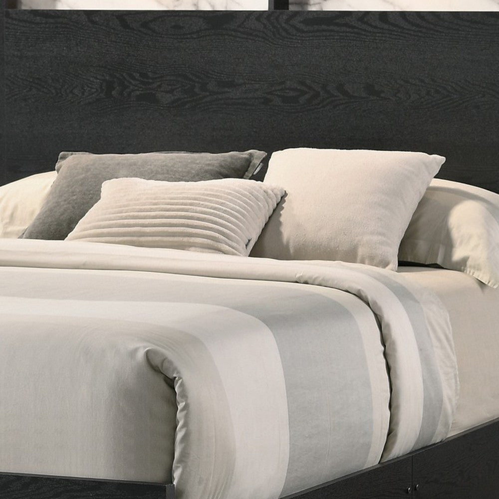 Benjara Yoh Queen Size Bed, Wood, Headboard with Lights And Shelves, Black