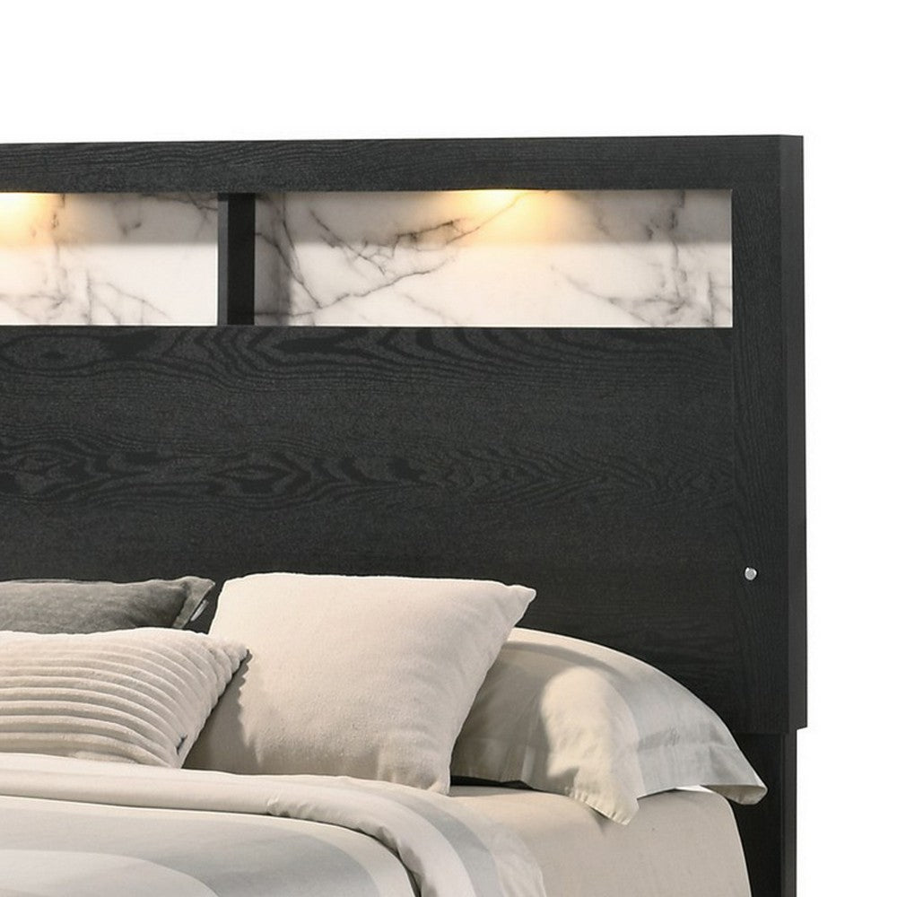 Benjara Yoh Queen Size Bed, Wood, Headboard with Lights And Shelves, Black