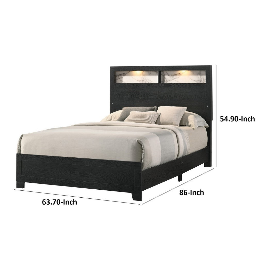 Benjara Yoh Queen Size Bed, Wood, Headboard with Lights And Shelves, Black
