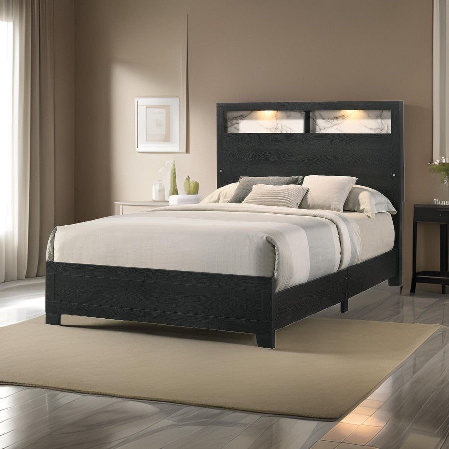 Benjara Yoh Queen Size Bed, Wood, Headboard with Lights And Shelves, Black