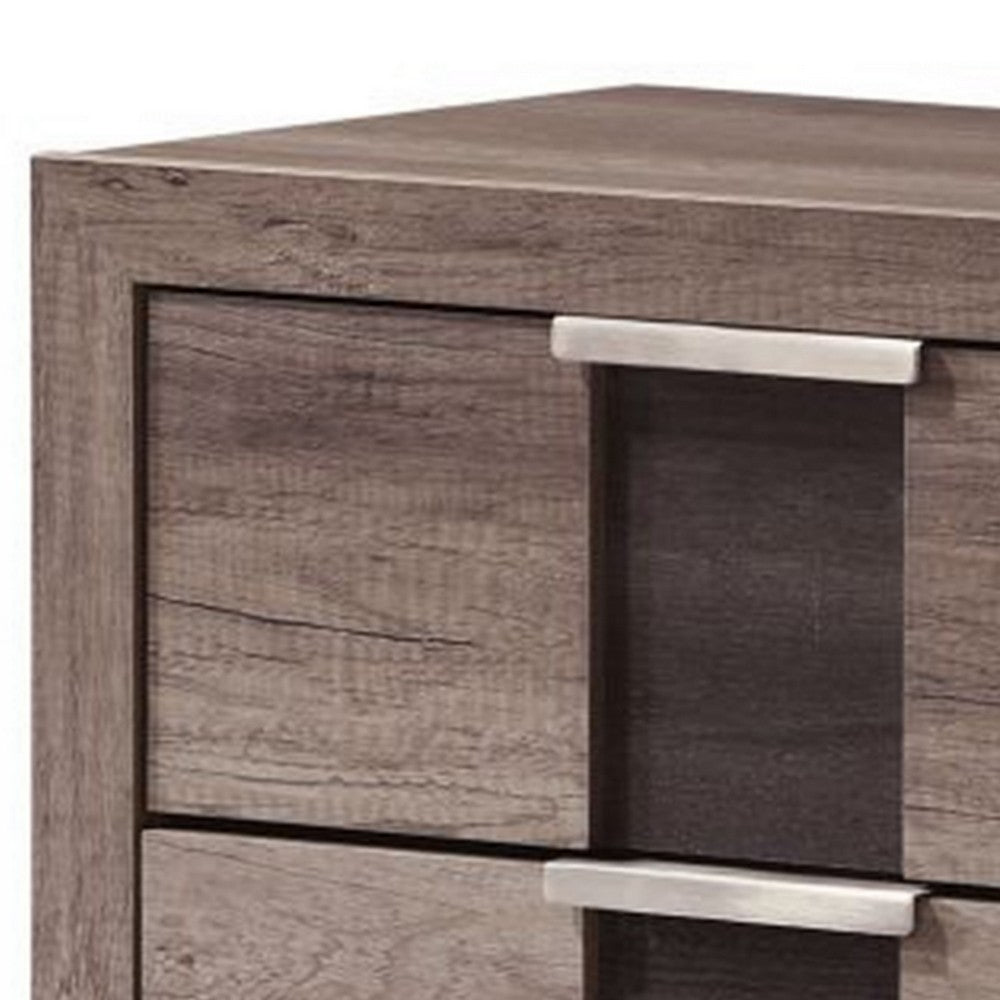Benjara Rangley 24 Inch Nightstand, 2 Drawers, Chrome Metal Handles, Brown Wood