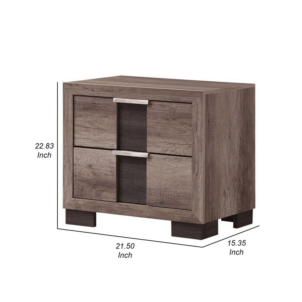 Benjara Rangley 24 Inch Nightstand, 2 Drawers, Chrome Metal Handles, Brown Wood
