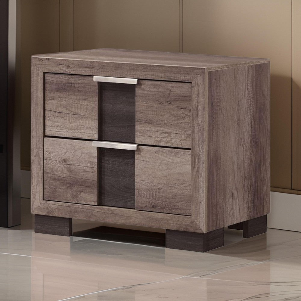Benjara Rangley 24 Inch Nightstand, 2 Drawers, Chrome Metal Handles, Brown Wood