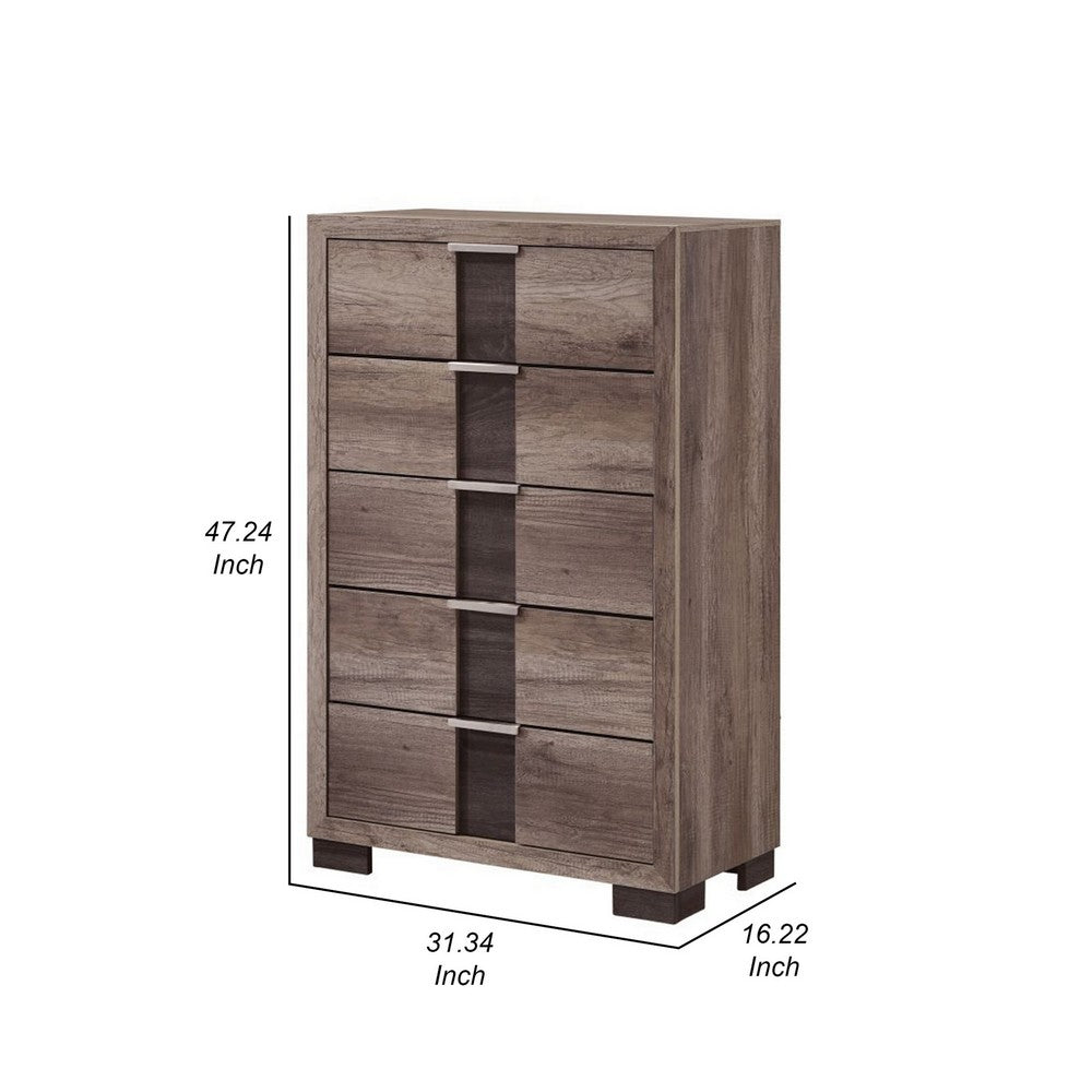 Benjara Rangley 47 Inch Tall Dresser Chest, Wood, 5 Drawers, Metal Handles, Brown